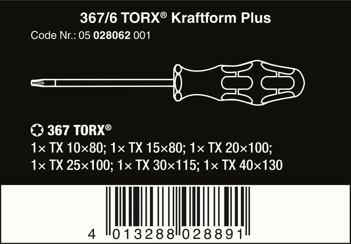 Wera 367/6 Kraftform Plus TORX® Screwdriver Set With Rack 6 Piece 05028062001 - Mr. Tools
