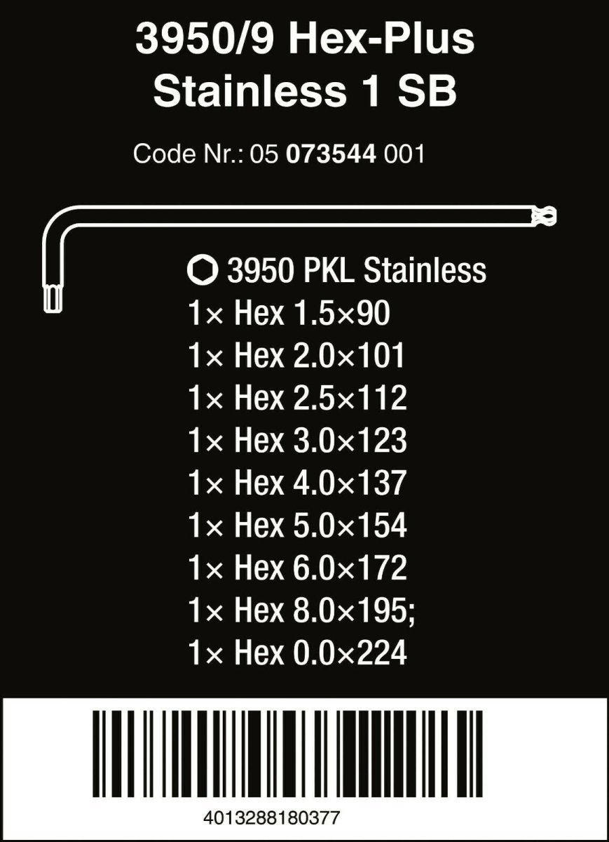 Wera 3950/9 Hex - Plus 1 SB Stainless Steel L - Key Set Metric 9 Pieces 05073544001 - Mr. Tools
