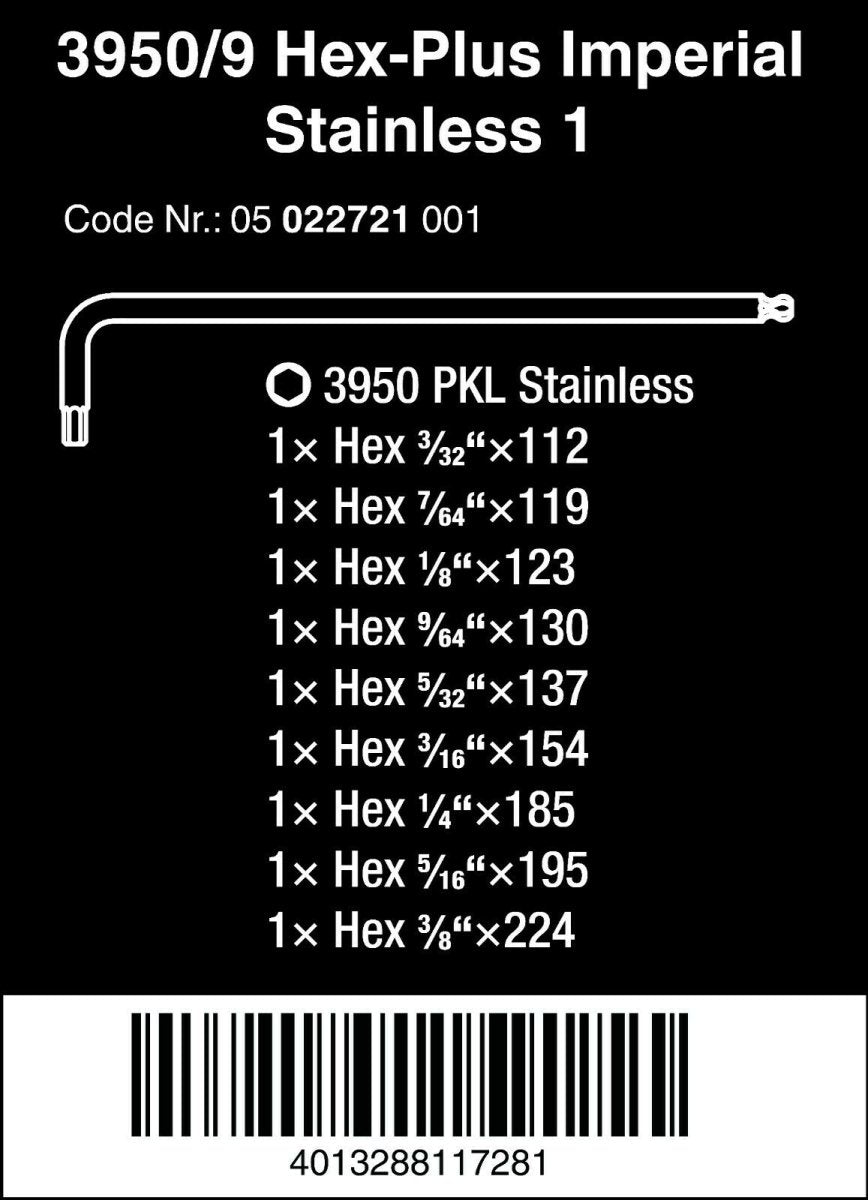 Wera 3950/9 Hex - Plus Stainless Steel L - Key Set Imperial 05022721001 - Mr. Tools
