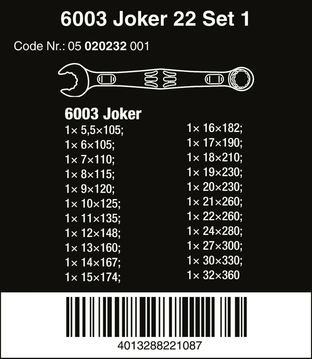 Wera 6003 Joker 22 Set 1 Combination Wrench Set 22 Piece Metric 05020232001 - Mr. Tools