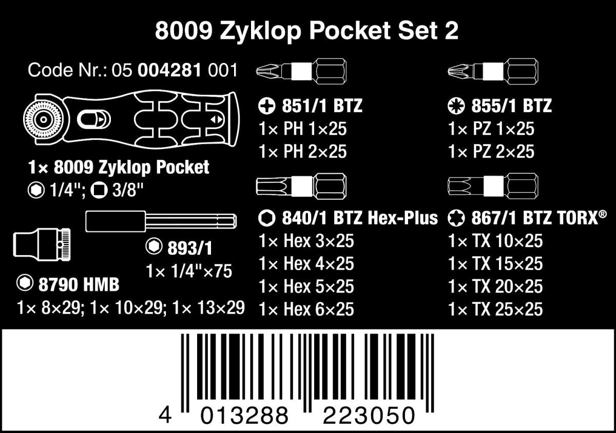 Wera 8009 Zyklop Pocket Set 2 Socket Wrench Set 3/8" Drive Metric 05004281001 - Mr. Tools
