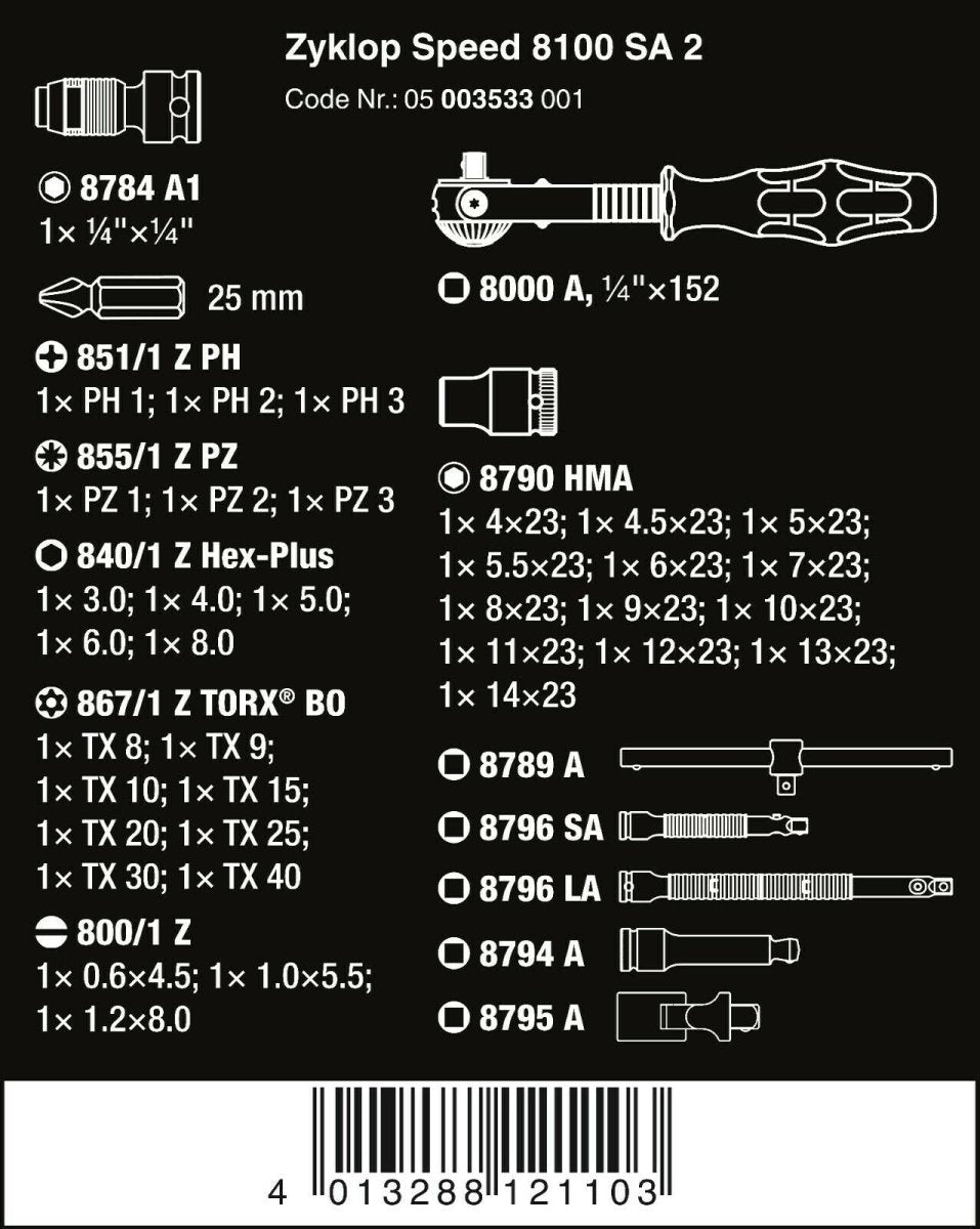 Wera 8100 SA 2 Zyklop Socket Wrench Set 1/4" Drive Metric 42 Pieces 05003533001 - Mr. Tools