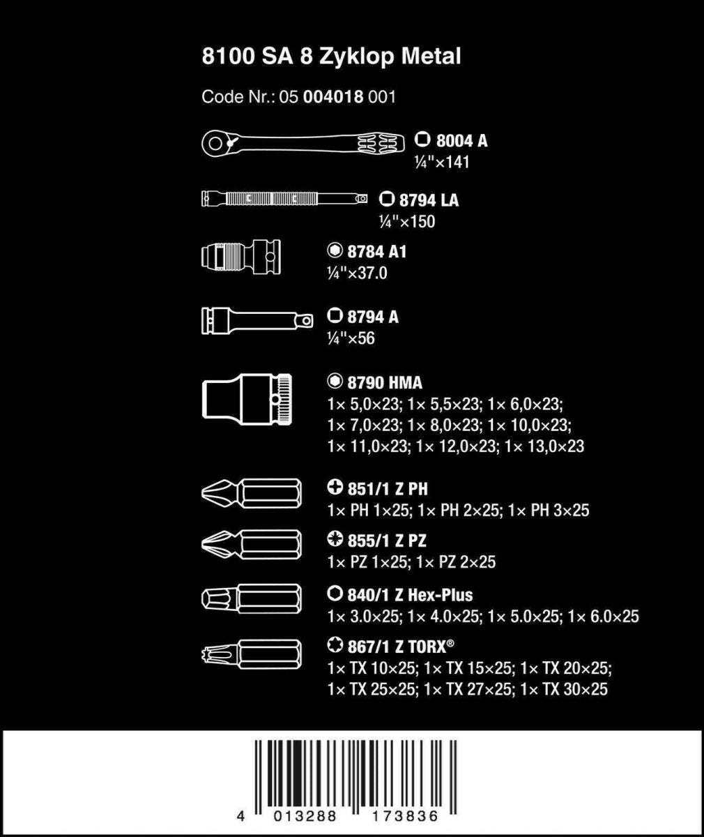 Wera 8100 SA 8 Zyklop Metal Switch Socket Set 1/4" Drive Metric 05004018001 - Mr. Tools