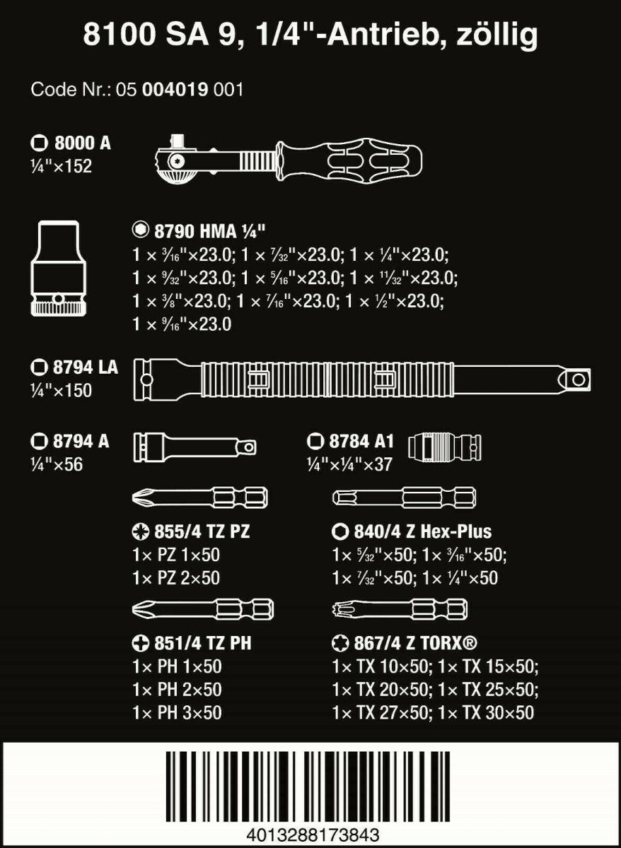 Wera 8100 SA 9 Zyklop Speed Ratchet Set 1/4" Drive SAE 05004019001 - Mr. Tools