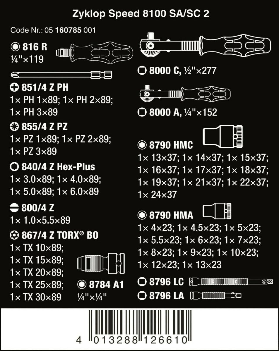 Wera 8100 SA/SC 2 Zyklop Socket Wrench Set 1/4" 1/2" Drive Metric 05160785001 - Mr. Tools
