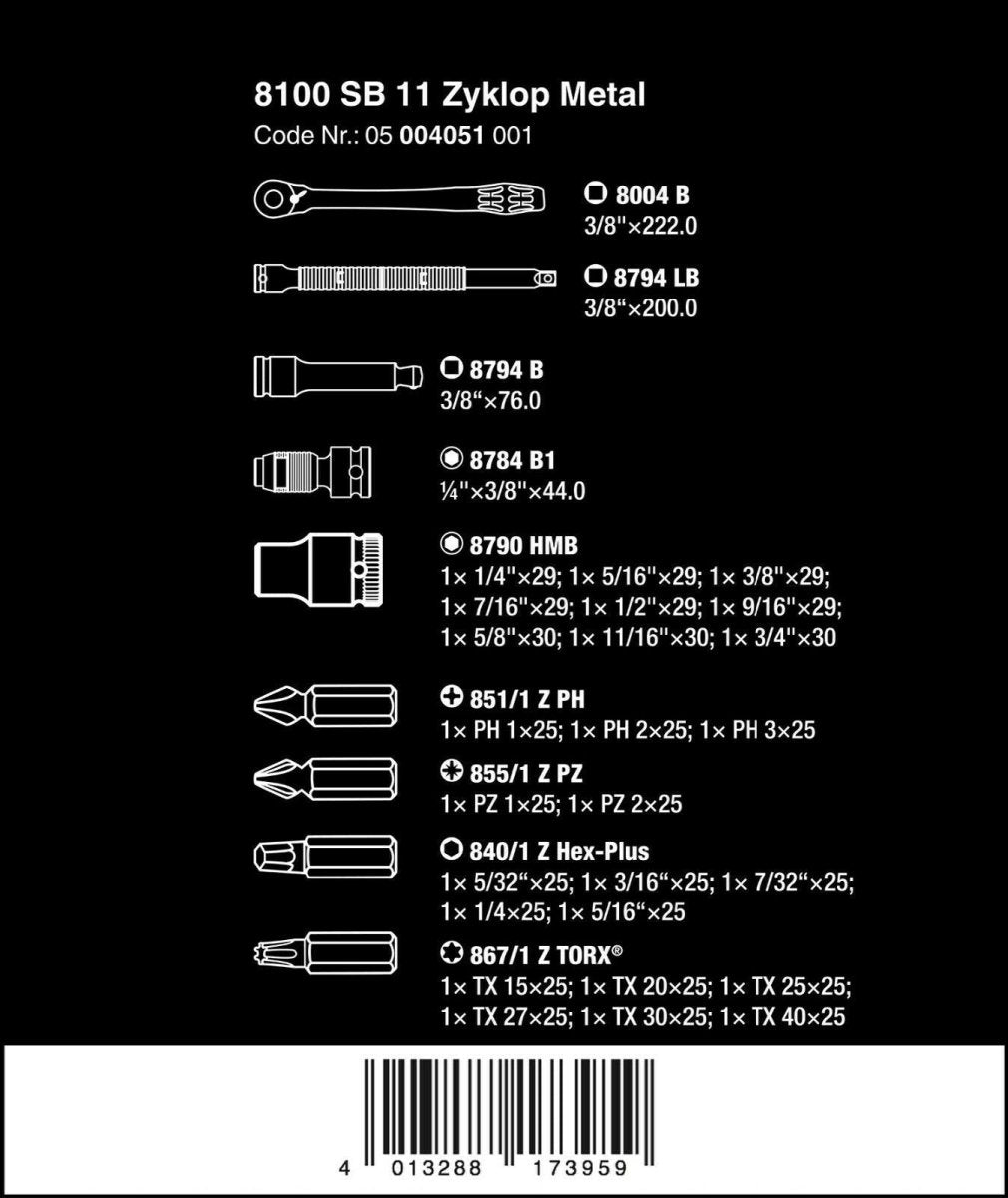 Wera 8100 SB 11 Zyklop Metal Switch Socket Wrench Set 3/8" Drive SAE 05004051001 - Mr. Tools