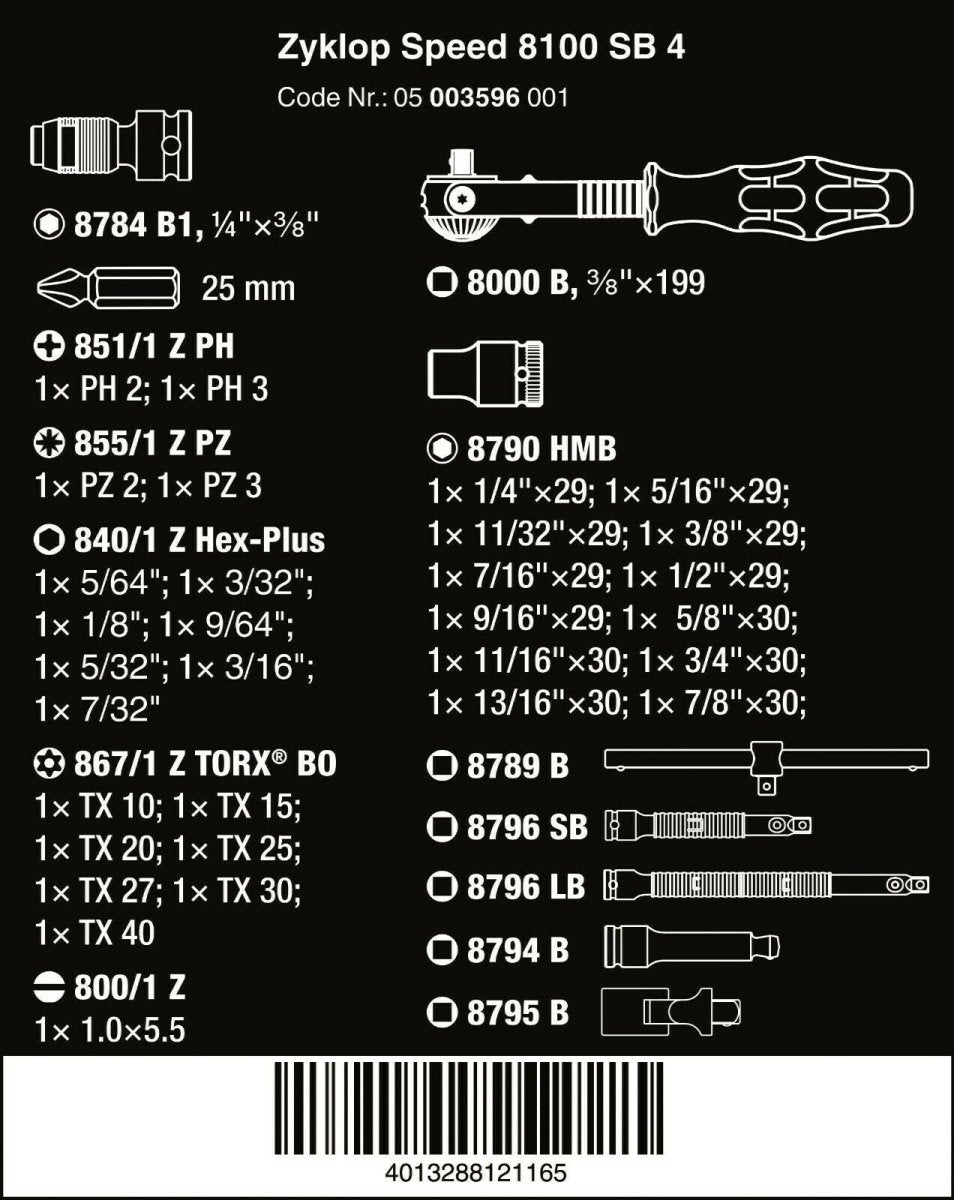 Wera 8100 SB 4 Zyklop Socket Wrench Set 3/8" Drive SAE 38 Pieces 05003596001 - Mr. Tools
