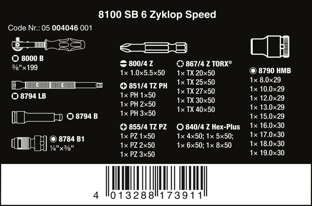 Wera 8100 SB 6 Zyklop Speed Ratchet Set 3/8" Drive Metric 29 Piece 05004046001 - Mr. Tools