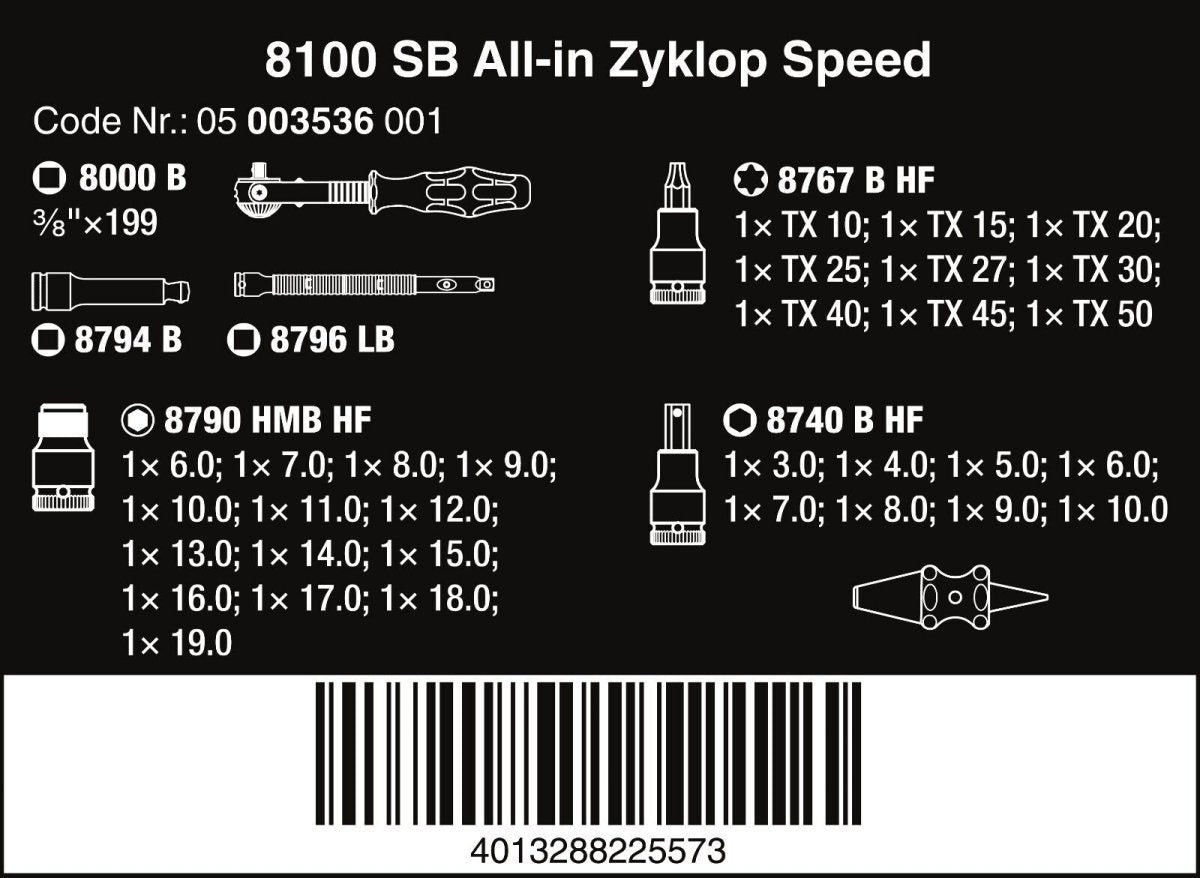 Wera 8100 SB All In Zyklop Speed Ratchet Set HF 3/8" Drive Metric 05003536001 - Mr. Tools