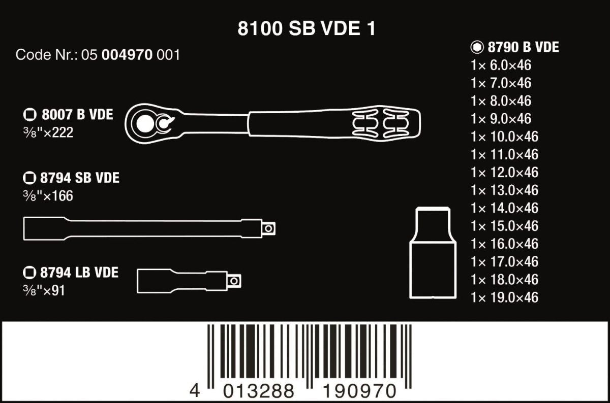 Wera 8100 SB VDE Insulated Socket Wrench Set 3/8" Drive 17 Pieces 05004970001 - Mr. Tools