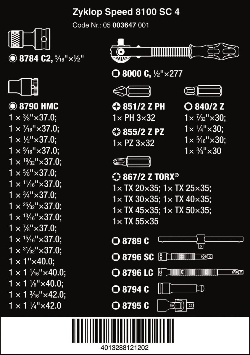 Wera 8100 SC 4 Zyklop Socket Wrench Set 1/2" Drive SAE 05003647001 - Mr. Tools