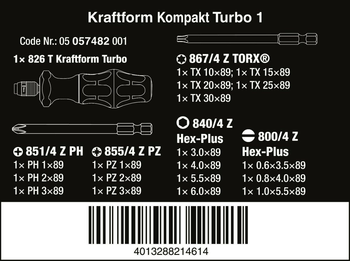 Wera 826 T Kraftform Kompakt Turbo 1 Screwdriver Set 19 Piece Metric 05057482001 - Mr. Tools