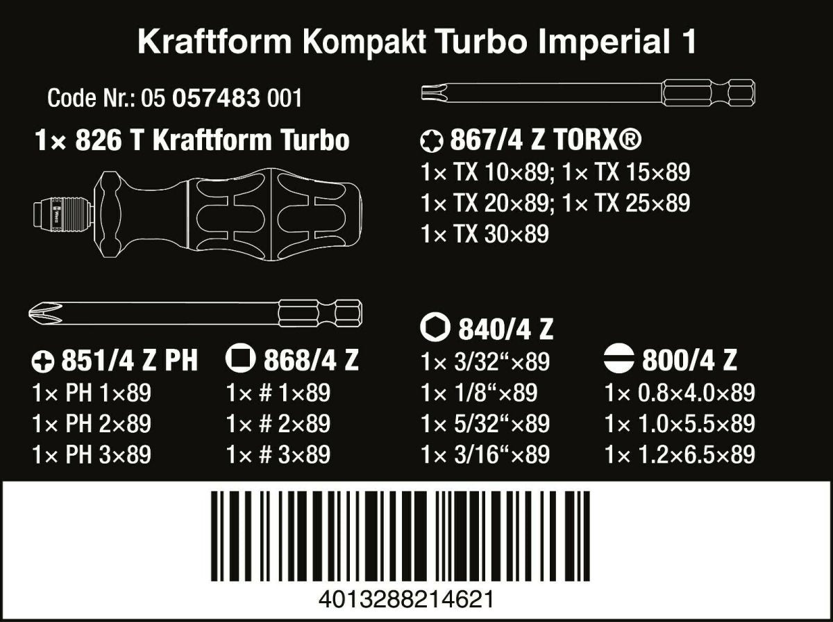Wera 826 T Kraftform Kompakt Turbo 1 Screwdriver Set 19 Piece SAE 05057483001 - Mr. Tools