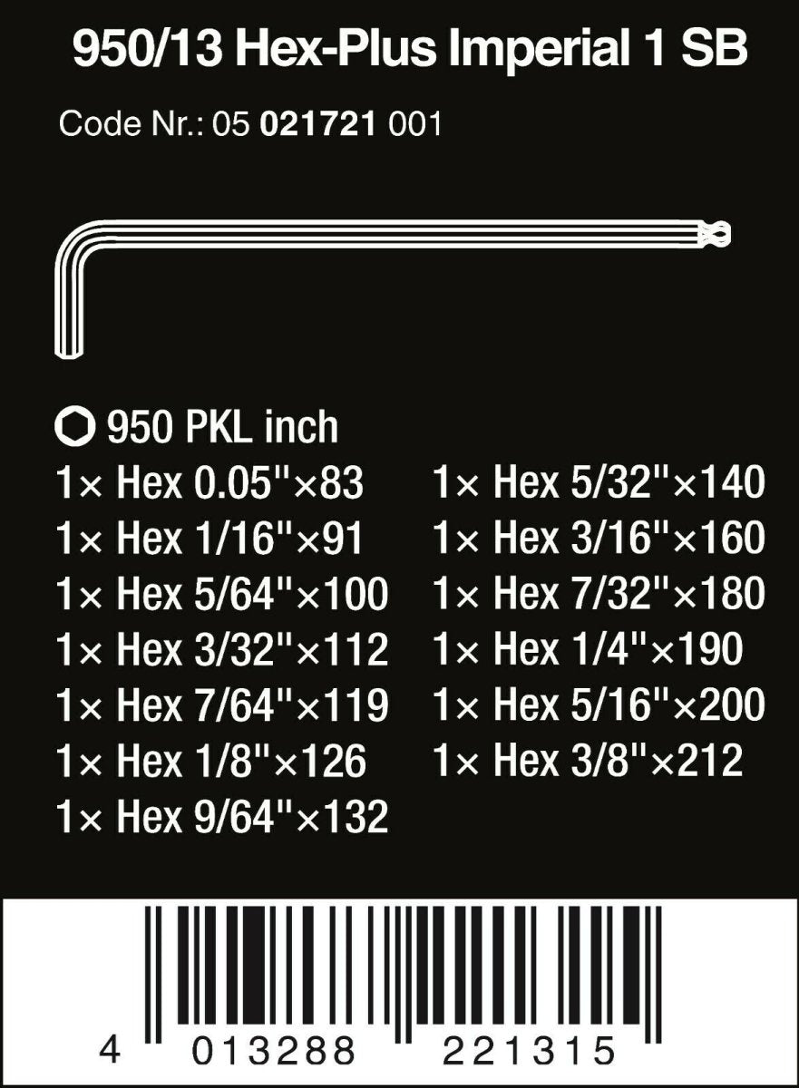Wera 950/13 Hex - Plus 1 SB L - Key Set SAE 13 Piece 05021721001 - Mr. Tools