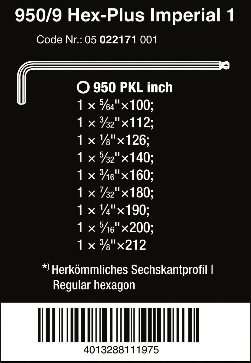 Wera 950/9 Hex - Plus 1 L - Key Set Imperial 9 Pieces 05022171001 - Mr. Tools