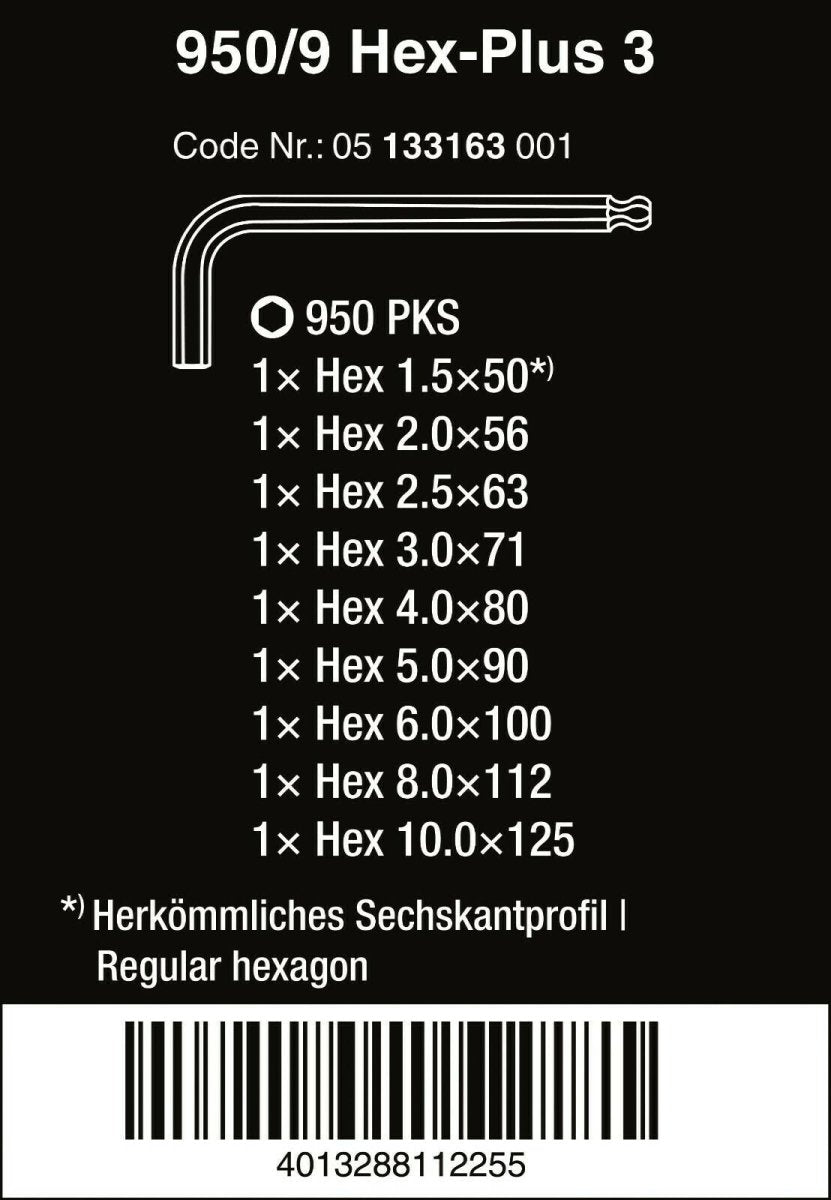 Wera 950/9 Hex - Plus L - Key Set 9 Piece Metric 05133163001 - Mr. Tools