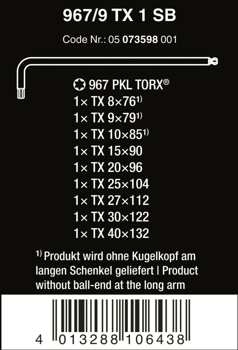 Wera 967/9 TX 1 SB TORX® L - Key Set With Ball End 9 Pieces 05073598001 - Mr. Tools