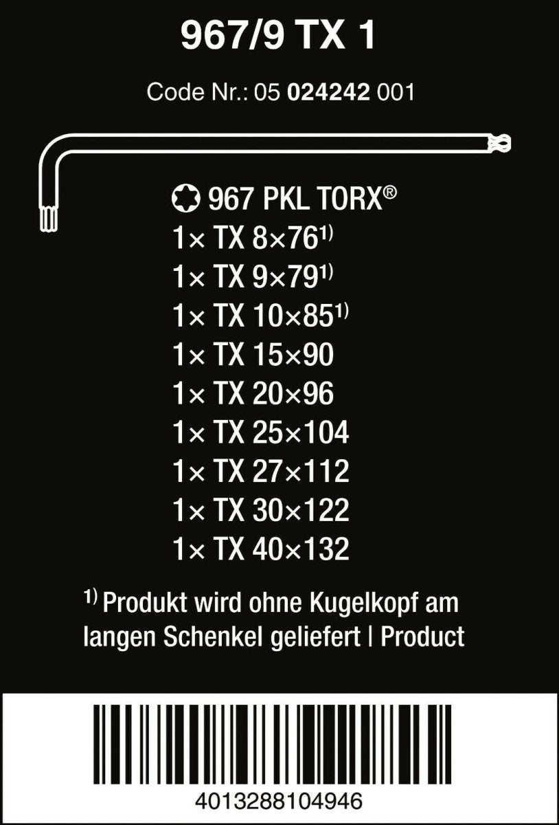 Wera 967/9 TX 1 TORX® L - Key Set With Ball End 9 Pieces 05024242001 - Mr. Tools