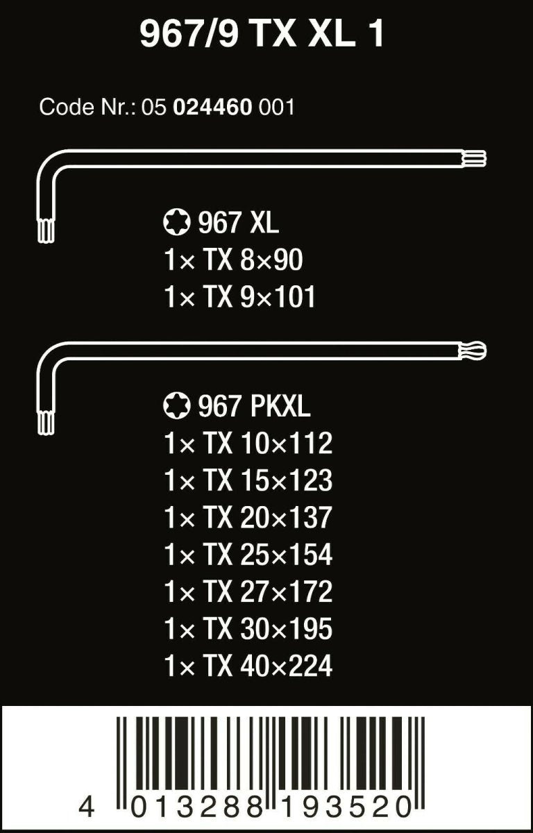 Wera 967/9 TX XL 1 TORX® L - Key Set 9 Pieces 05024460001 - Mr. Tools