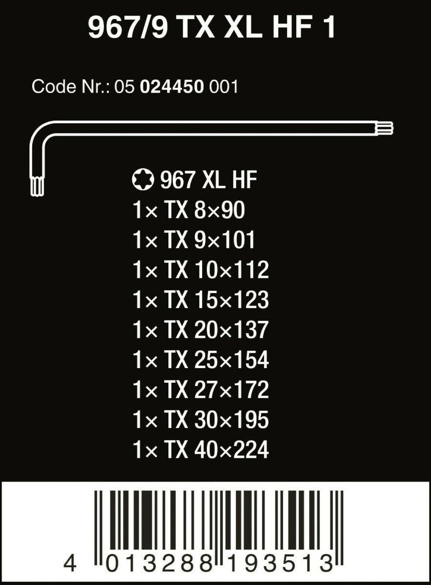 Wera 967/9 TX XL HF 1 TORX® L - Key Set With Holding Function 9 Pieces 05024450001 - Mr. Tools