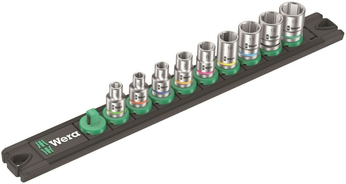 Wera A 4 Zyklop Magnetic Socket Rail Set 1/4" Drive 9 Pieces Metric 05005400001 - Mr. Tools