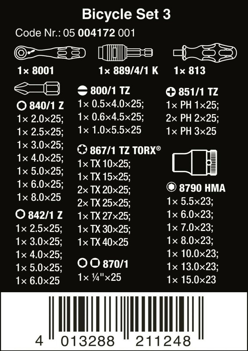 Wera Bicycle Set 3 Zyklop Mini Ratchet Bit Set 1/4" Drive Metric 05004172001 - Mr. Tools