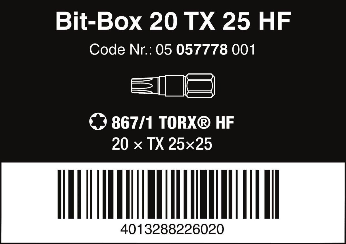 Wera Bit - Box 20 TORX® Bits HF TX 25 x 25mm 20 Pieces 05057778001 - Mr. Tools