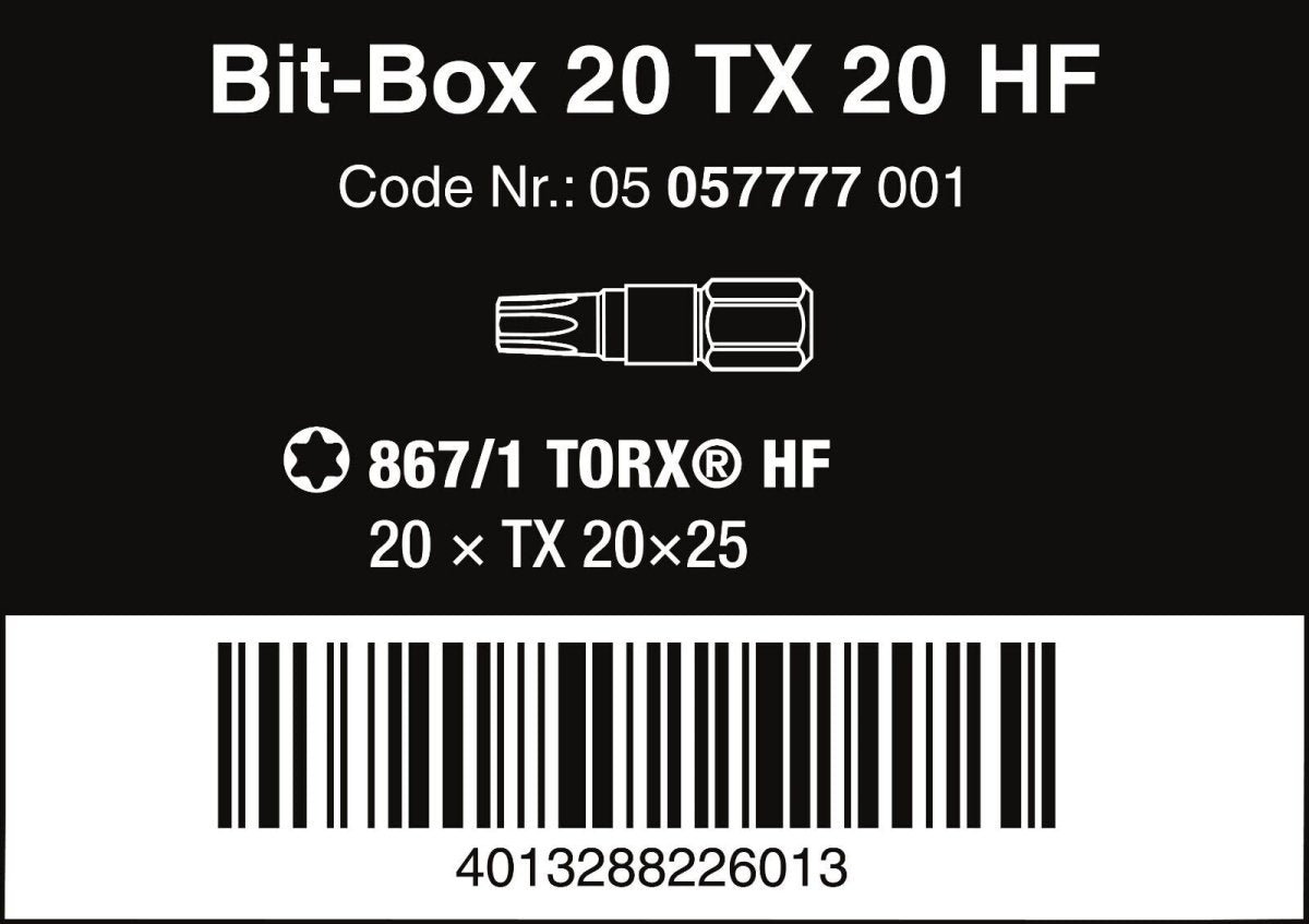 Wera Bit - Box 20 TORX® HF Bits HF TX 20 x 25mm 20 Pieces 05057777001 - Mr. Tools