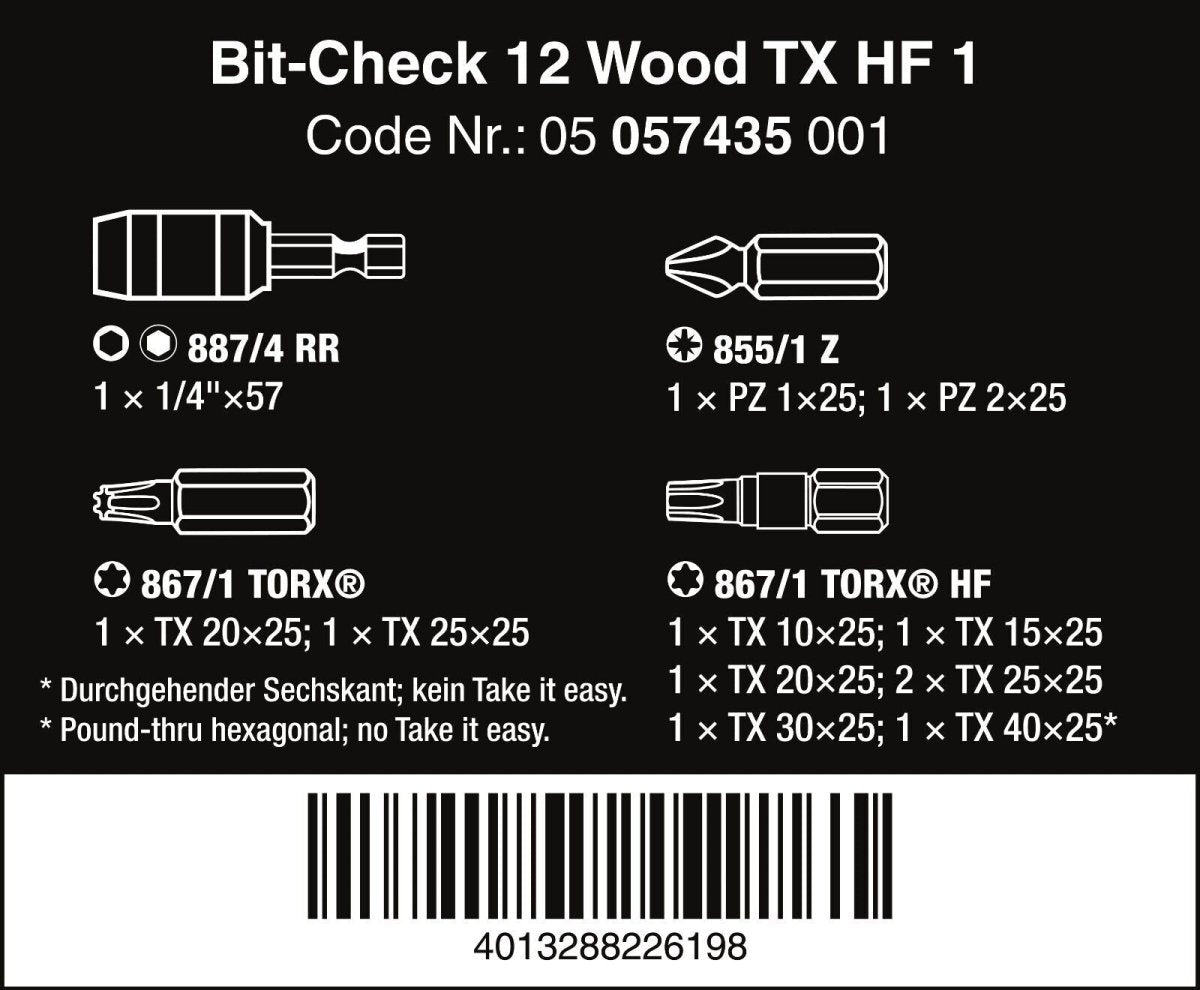Wera Bit Check 12 Wood TX HF 1 Bits Set 12 Pieces 05057435001 - Mr. Tools