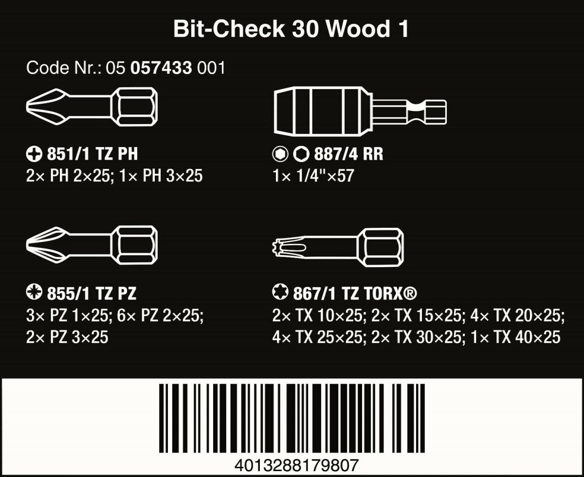 Wera Bit Check 30 Wood 1 Bits Assortment Set 30 Piece 05057433001 - Mr. Tools