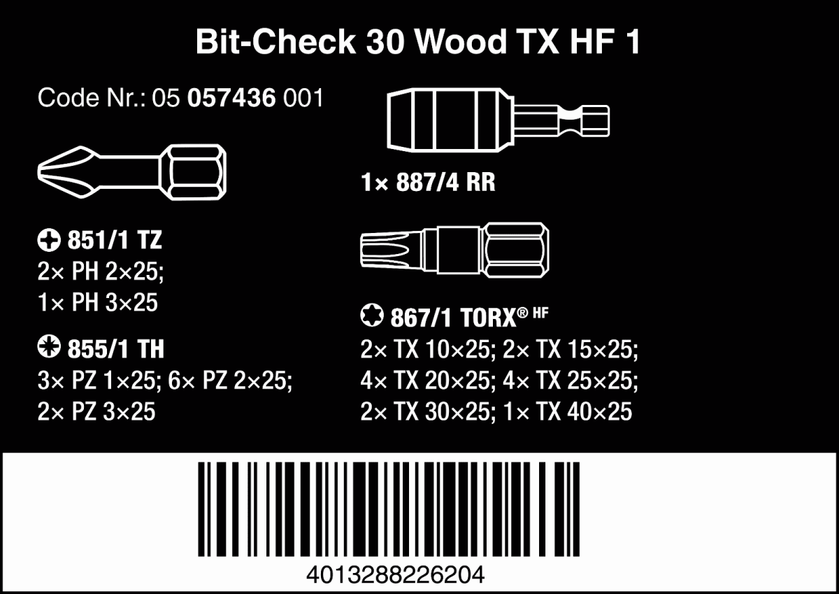 Wera Bit Check 30 Wood TX HF 1 Bits Set 30 Pieces 05057436001 - Mr. Tools