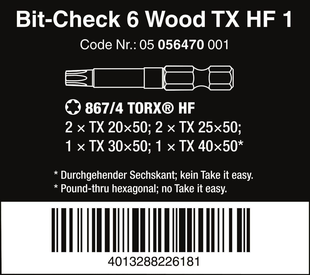 Wera Bit - Check 6 Wood TX HF 1 TORX® Bit Set 6 Pieces 05056470001 - Mr. Tools
