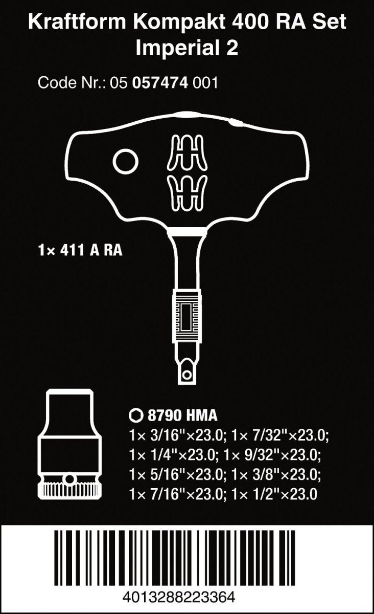 Wera Kraftform Kompakt 400 RA Set 2 Ratcheting T - Handle Set SAE 05057474001 - Mr. Tools