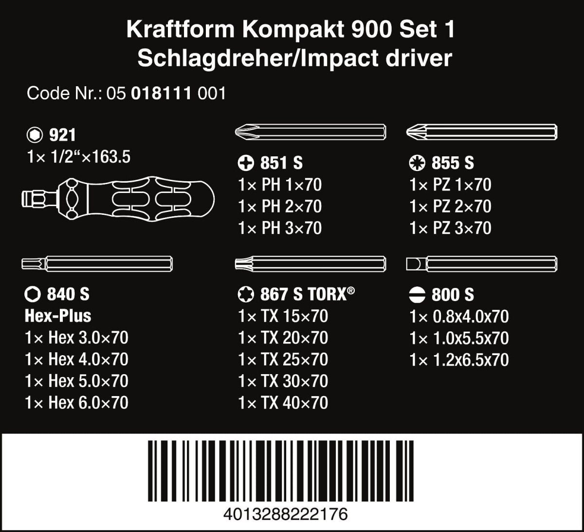 Wera Kraftform Kompakt 900 Set 1 Screwdriver Set 19 Pieces Metric 05018110001 - Mr. Tools