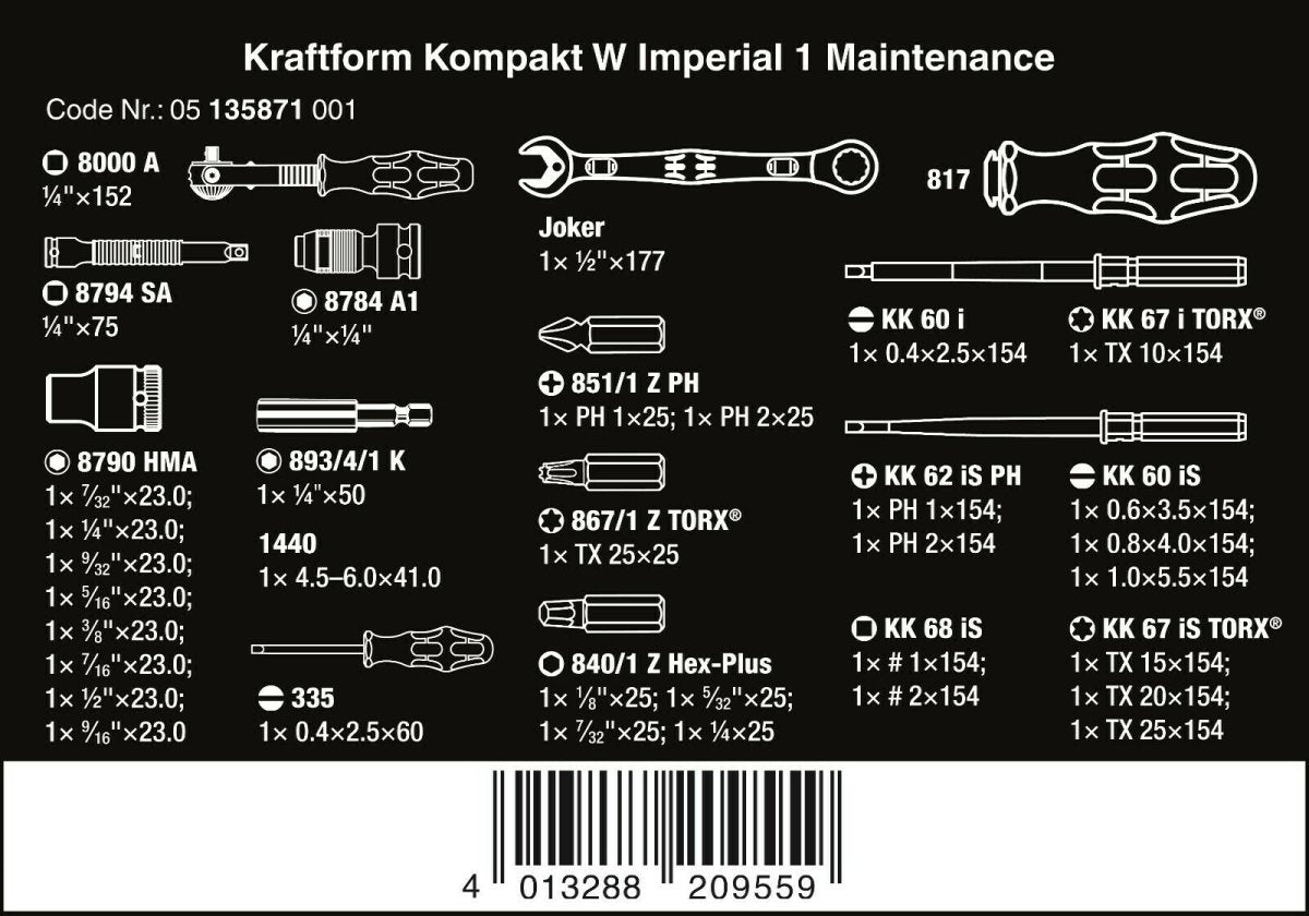 Wera Kraftform Kompakt Maintenance W1 USA Set SAE 35 Pieces 05135871001 - Mr. Tools