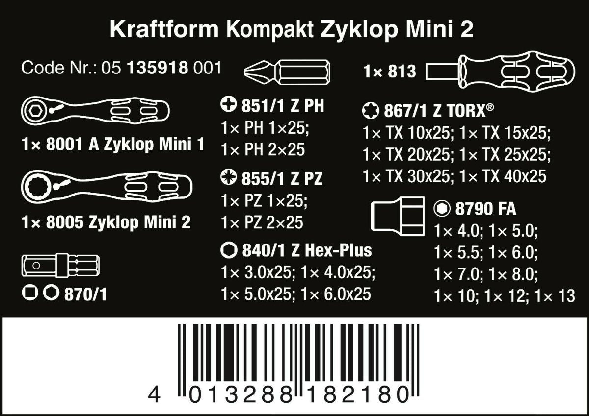 Wera Kraftform Kompakt Zyklop Mini 2 Socket Wrench Set 27 Pieces 05135918001 - Mr. Tools
