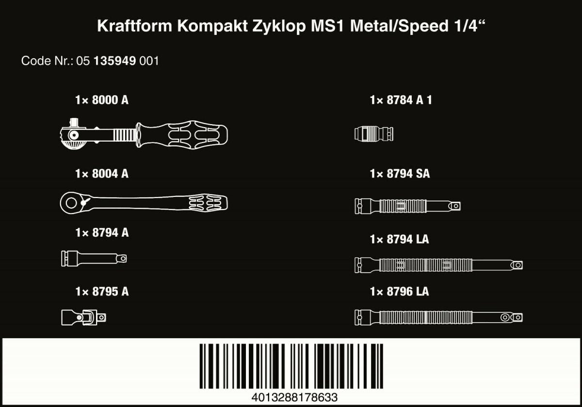 Wera Kraftform Kompakt Zyklop MS1 Metal Speed Socket Wrench Set 1/4" 05135949001 - Mr. Tools