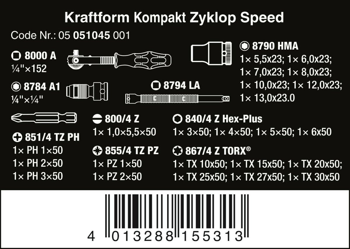 Wera Kraftform Kompakt Zyklop Speed Ratchet Set 1/4" Drive Metric 05051045001 - Mr. Tools