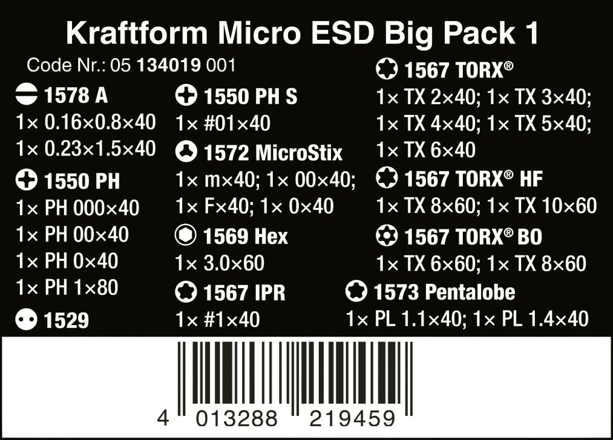 Wera Kraftform Micro ESD Big Pack 1 Precision Screwdriver Set 05134019001 - Mr. Tools